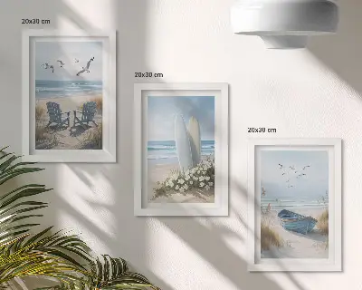 Zidna galerija slika prikaz plaže s daskama za surfanje, brodovima i pticama