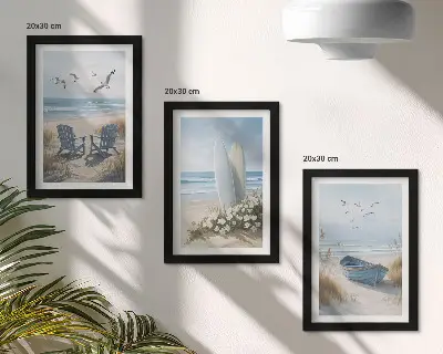 Zidna galerija slika prikaz plaže s daskama za surfanje, brodovima i pticama