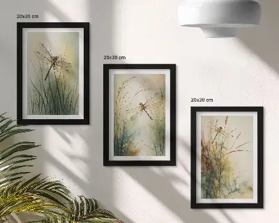Oslikane trave s vretencima iznad vode set od 3 slike u okviru