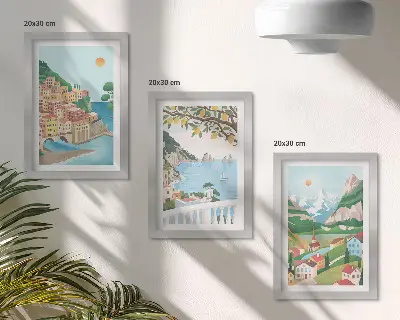 Pogled na more s kućama pastelnih boja set od 3 slike u okviru
