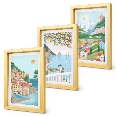 Set 3 slike u okviru Pogled na more s kućama pastelnih boja
