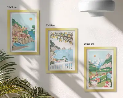 Pogled na more s kućama pastelnih boja set od 3 slike u okviru