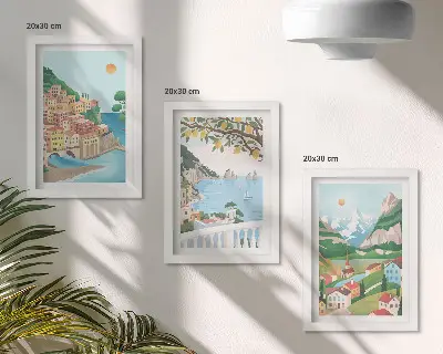 Pogled na more s kućama pastelnih boja set od 3 slike u okviru
