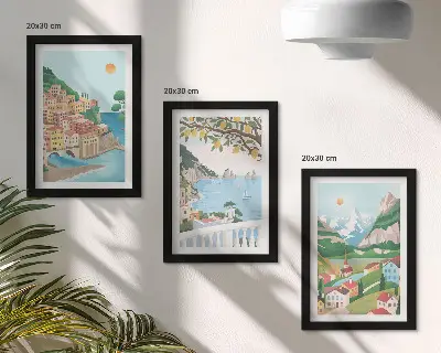 Pogled na more s kućama pastelnih boja set od 3 slike u okviru
