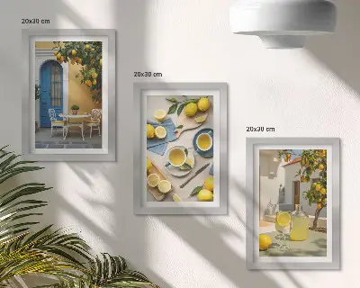 Zidna galerija slika s motivima limuna, limunade i plavih vrata s ljetnim pogledom