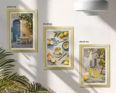 Zidna galerija slika s motivima limuna, limunade i plavih vrata s ljetnim pogledom