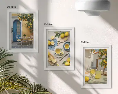 Zidna galerija slika s motivima limuna, limunade i plavih vrata s ljetnim pogledom