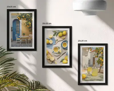 Zidna galerija slika s motivima limuna, limunade i plavih vrata s ljetnim pogledom