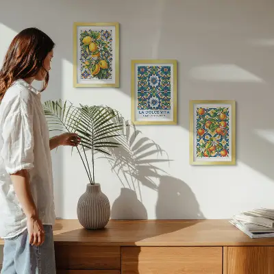 Set od 3 slike u okviru posteri s motivima citrusa i šarenim apstraktnim uzorcima