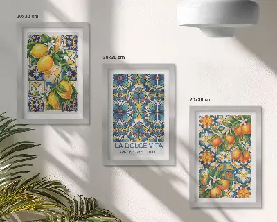 Zidna galerija slika s motivom cvjetova limuna i naranče u šarenim uzorcima