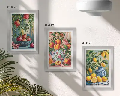 Komplet slika u okviru s motivom voćne kompozicije s narom, limunom i breskvama