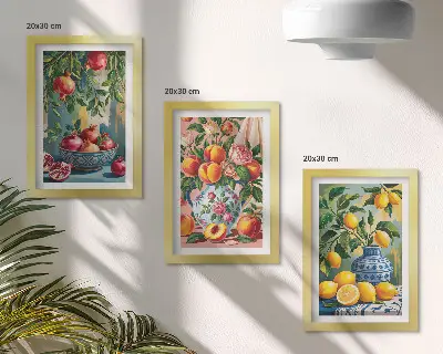 Komplet slika u okviru s motivom voćne kompozicije s narom, limunom i breskvama