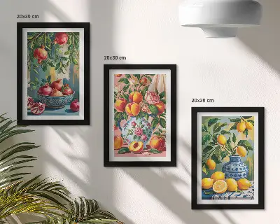 Komplet slika u okviru s motivom voćne kompozicije s narom, limunom i breskvama