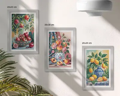 Set 3 slike Oslikano cvijeće i voće u vazama u okviru