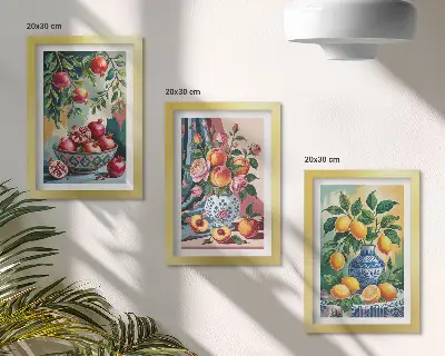Set 3 slike Oslikano cvijeće i voće u vazama u okviru