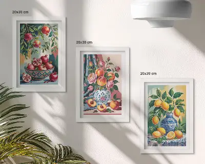 Set 3 slike Oslikano cvijeće i voće u vazama u okviru