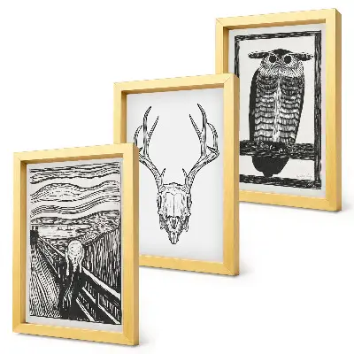 Zidna galerija slika nadahnuta motivom lubanje i sove u grafičkom stilu