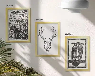 Zidna galerija slika nadahnuta motivom lubanje i sove u grafičkom stilu