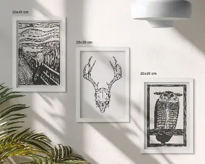 Zidna galerija slika nadahnuta motivom lubanje i sove u grafičkom stilu