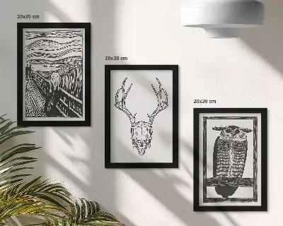 Zidna galerija slika nadahnuta motivom lubanje i sove u grafičkom stilu