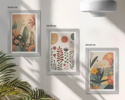 Zidna galerija slika s boho biljnim uzorcima u toplim nijansama prirodnog ugođaja