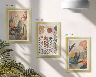 Zidna galerija slika s boho biljnim uzorcima u toplim nijansama prirodnog ugođaja
