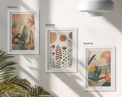 Zidna galerija slika s boho biljnim uzorcima u toplim nijansama prirodnog ugođaja