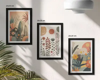 Zidna galerija slika s boho biljnim uzorcima u toplim nijansama prirodnog ugođaja