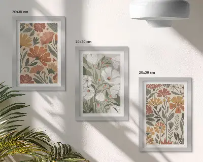 Set od 3 slike u okviru cvjetni uzorci u nijansama narančaste i zelene boje