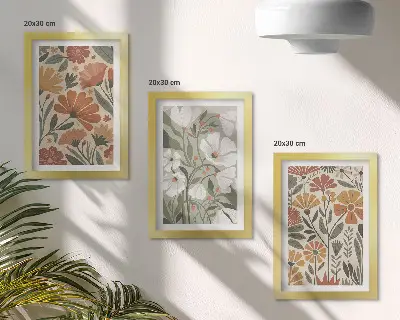 Set od 3 slike u okviru cvjetni uzorci u nijansama narančaste i zelene boje