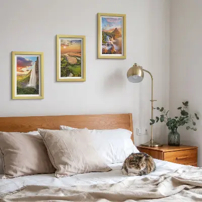 Set od 3 slike u okviru prikaz slapova, planinarstva i rijeka u zalasku sunca
