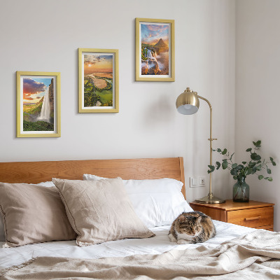Set 3 slike u okviru Slapovi, planinski krajolici i rijeke u zalasku sunca