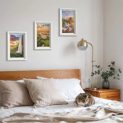 Set od 3 slike u okviru prikaz slapova, planinarstva i rijeka u zalasku sunca