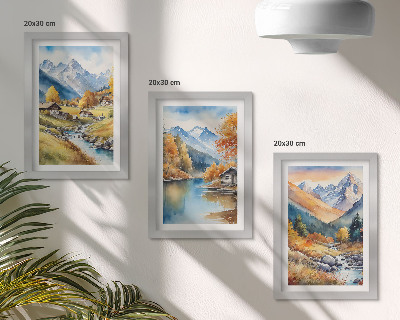 Komplet slika u okviru Oslikane jesenske planine s rijekom i vikendicama