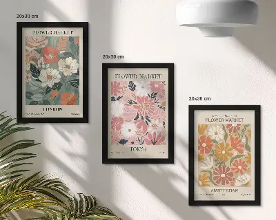 Zidna galerija slika s cvjetnim uzorcima te plakatima Londona, Tokija i Amsterdama