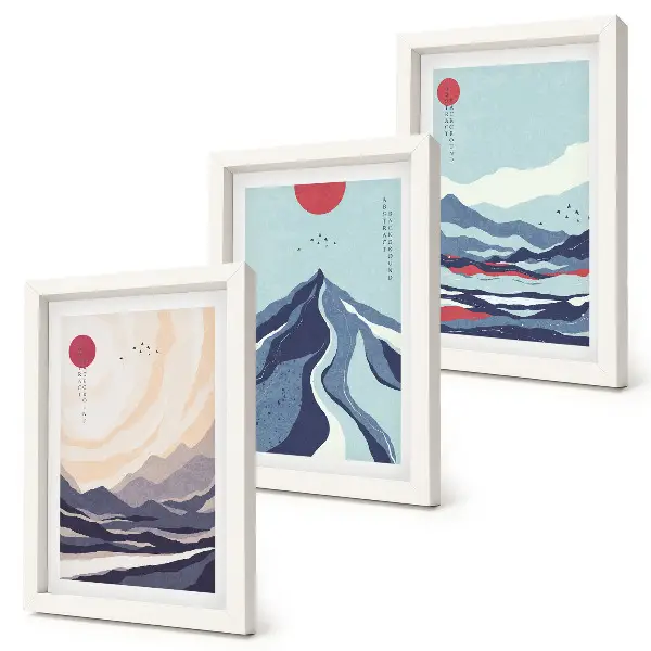 Apstraktni planinski pejzaži u japanskom stilu set od 3 slike u okviru