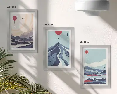 Apstraktni planinski pejzaži u japanskom stilu set od 3 slike u okviru