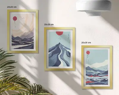 Apstraktni planinski pejzaži u japanskom stilu set od 3 slike u okviru