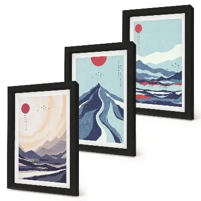 Apstraktni planinski pejzaži u japanskom stilu set od 3 slike u okviru