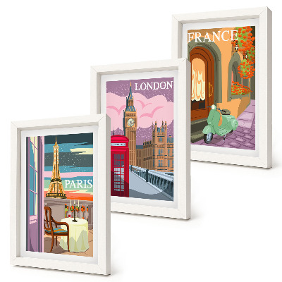 Set 3 slike u okviru Retro gradski pejzaži Pariza, Londona i Francuske