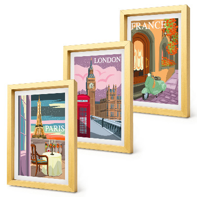 Set 3 slike u okviru Retro gradski pejzaži Pariza, Londona i Francuske