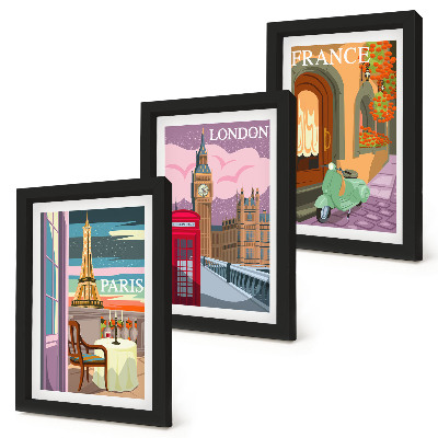 Set 3 slike u okviru Retro gradski pejzaži Pariza, Londona i Francuske