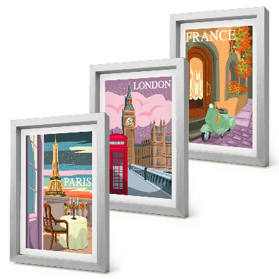 Set 3 slike u okviru Retro gradski pejzaži Pariza, Londona i Francuske