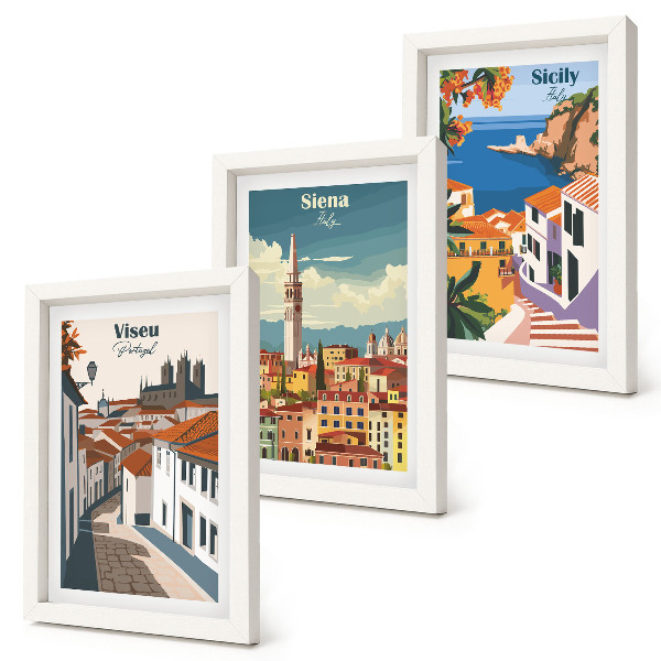 Komplet slika u okviru Retro ilustracije poznatih gradova diljem svijeta