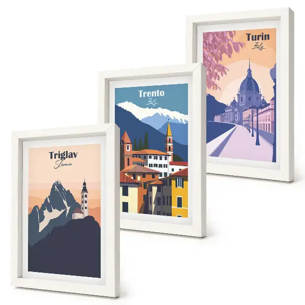 Zidna galerija slika sa šarenim ilustracijama planina i retro arhitekture