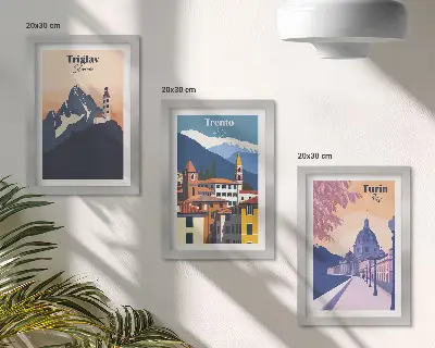 Zidna galerija slika sa šarenim ilustracijama planina i retro arhitekture