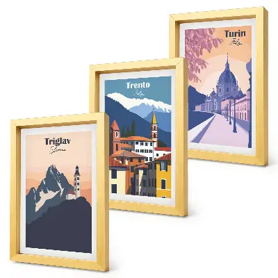 Zidna galerija slika sa šarenim ilustracijama planina i retro arhitekture