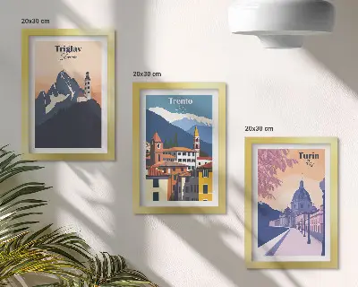 Zidna galerija slika sa šarenim ilustracijama planina i retro arhitekture