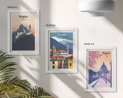 Zidna galerija slika sa šarenim ilustracijama planina i retro arhitekture