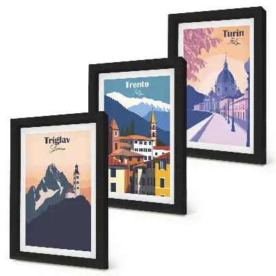 Zidna galerija slika sa šarenim ilustracijama planina i retro arhitekture